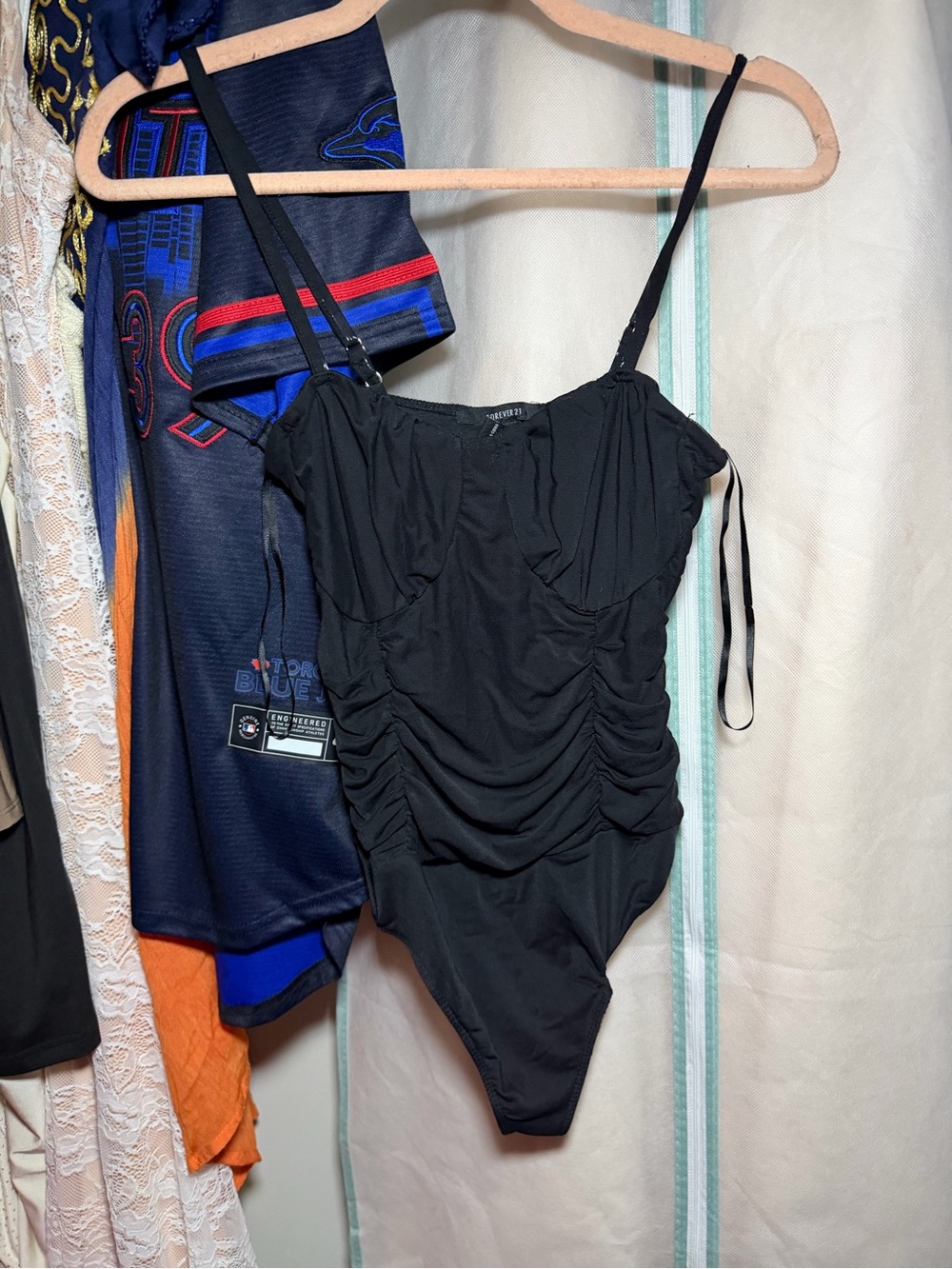 Forever 21 Black Ruched Spaghetti Strap Bodysuit with Scoop Neck